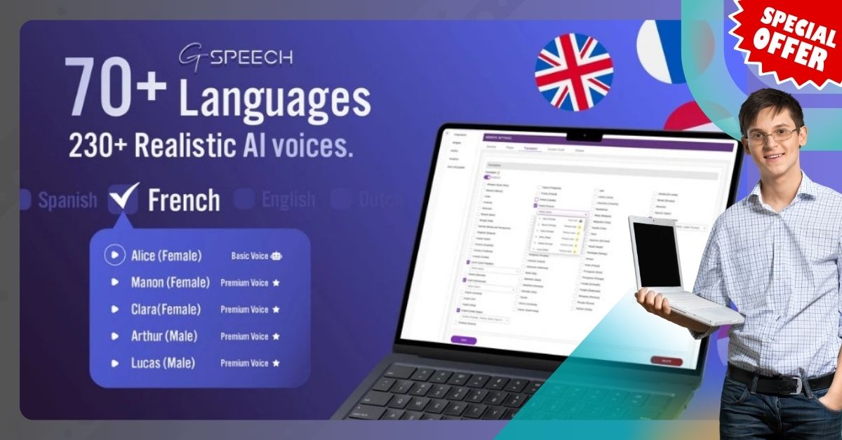 Translate your content across 70+ languages, using 230+ realistic AI voices with GSpeech an AI