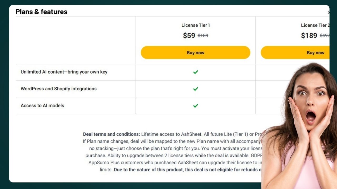Deal terms and conditions Lifetime access to AahSheet