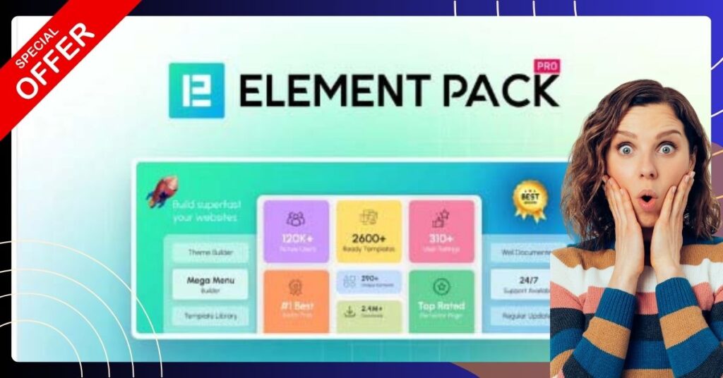 Dashboard view of Element Pack Pro showcasing Elementor widgets, mobile-ready templates, and web design tools for WordPress users