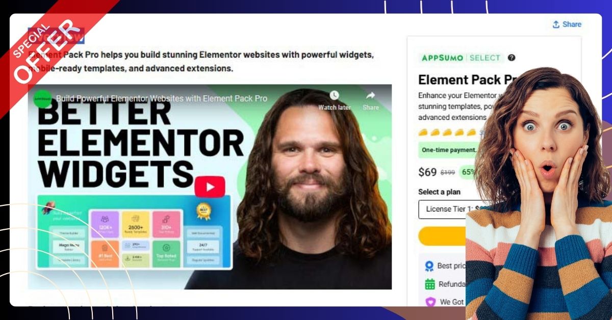 Dashboard view of Element Pack Pro showcasing Elementor widgets, mobile-ready templates, and web design tools for WordPress users