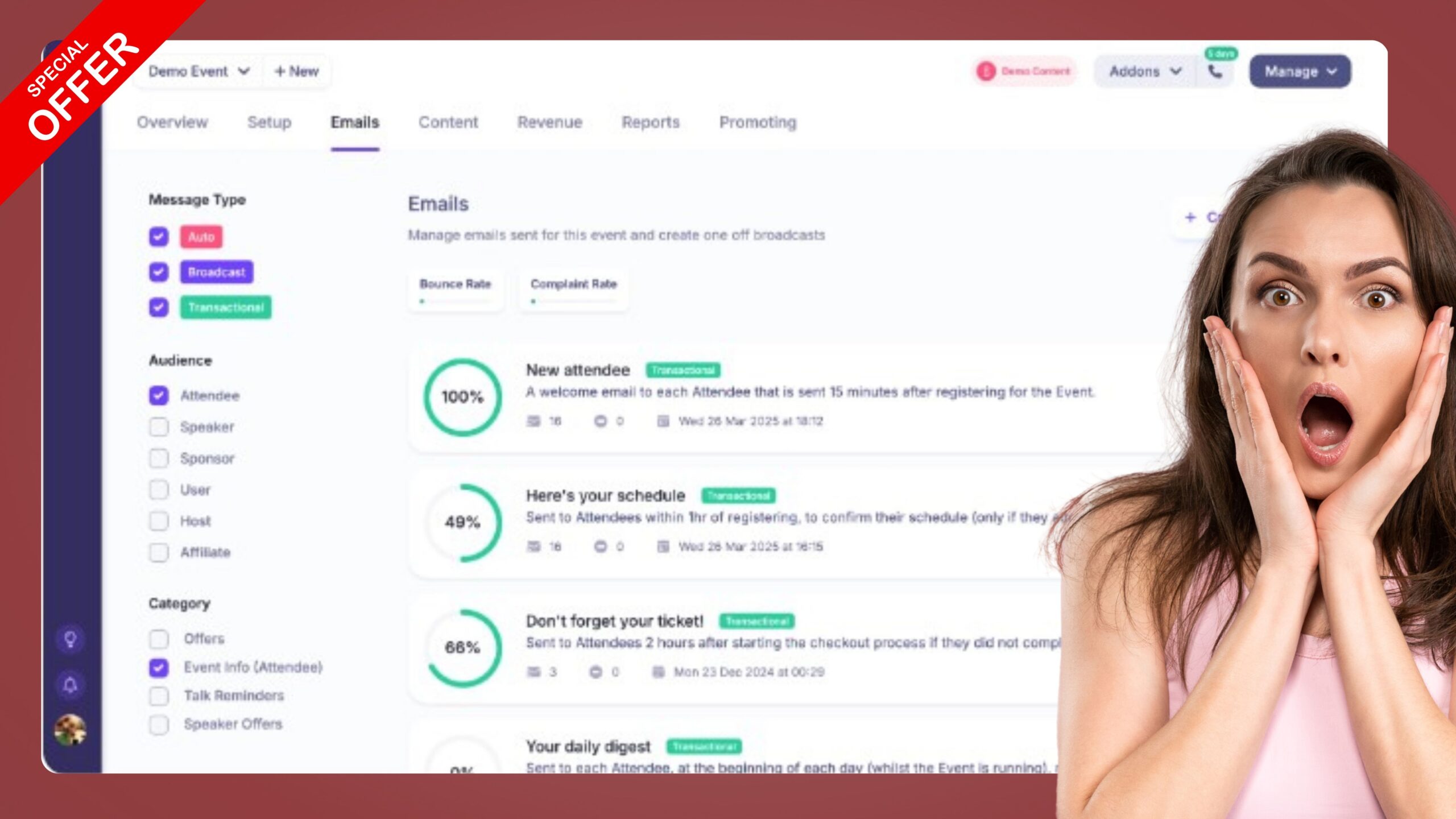 Save time with pre-made email reminders, speaker onboarding flows, and landing page templates