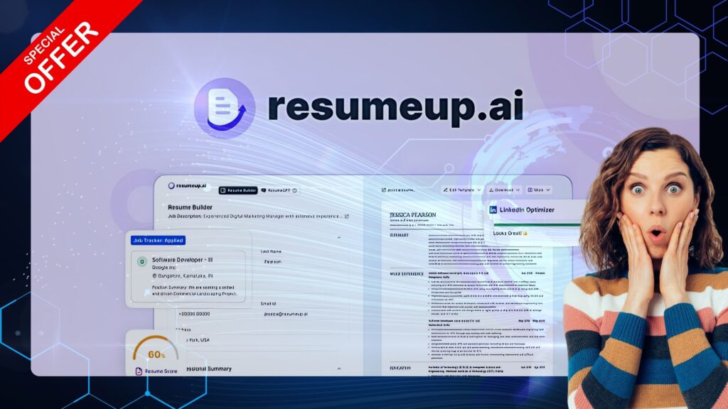 A job seeker using ResumeUpAI dashboard to create an ATS-friendly resume, track job applications, and optimize their LinkedIn profile