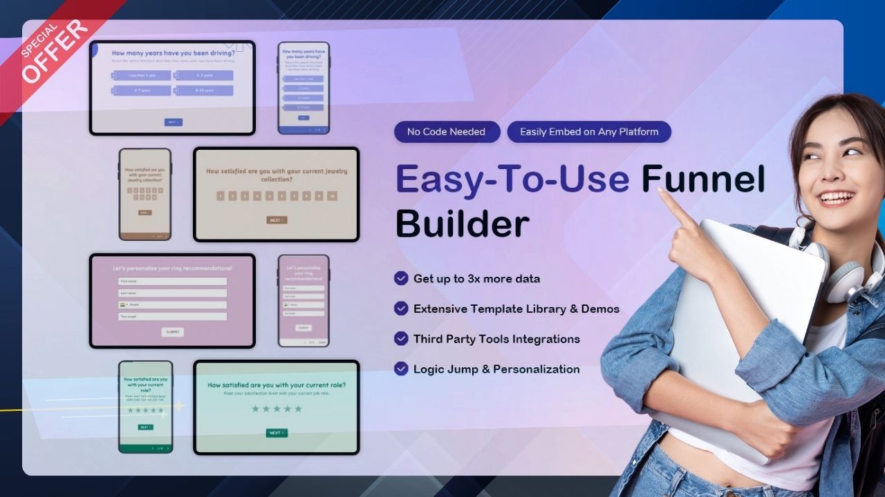 Build quizzes, surveys, and forms with ease using templates, integrations, and a mobile-friendly funnel builder