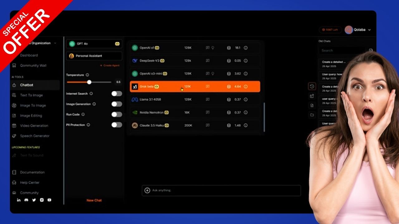 Dashboard interface of Qolaba AI platform showing content generation and agent builder tools