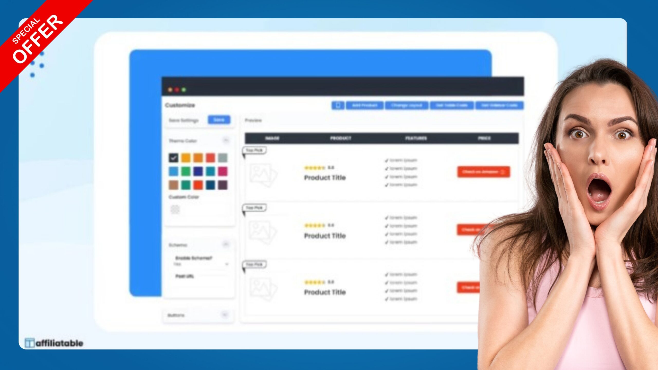 Easily customize your product tables with colors, layouts, and styles to match your brand