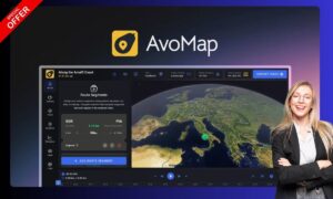 Animated AvoMap route displayed on a 3D terrain map background