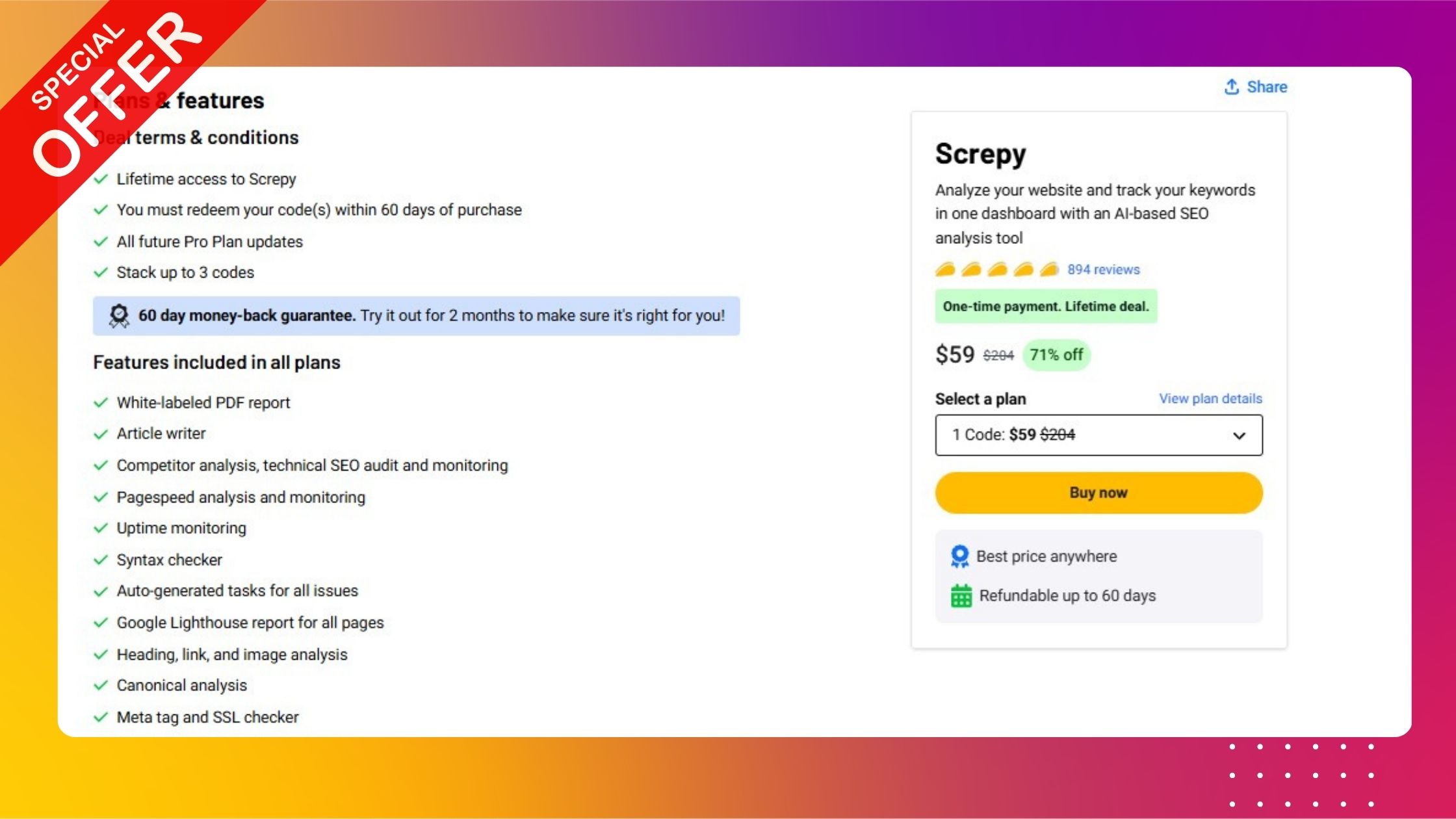 Screpy plans and Features