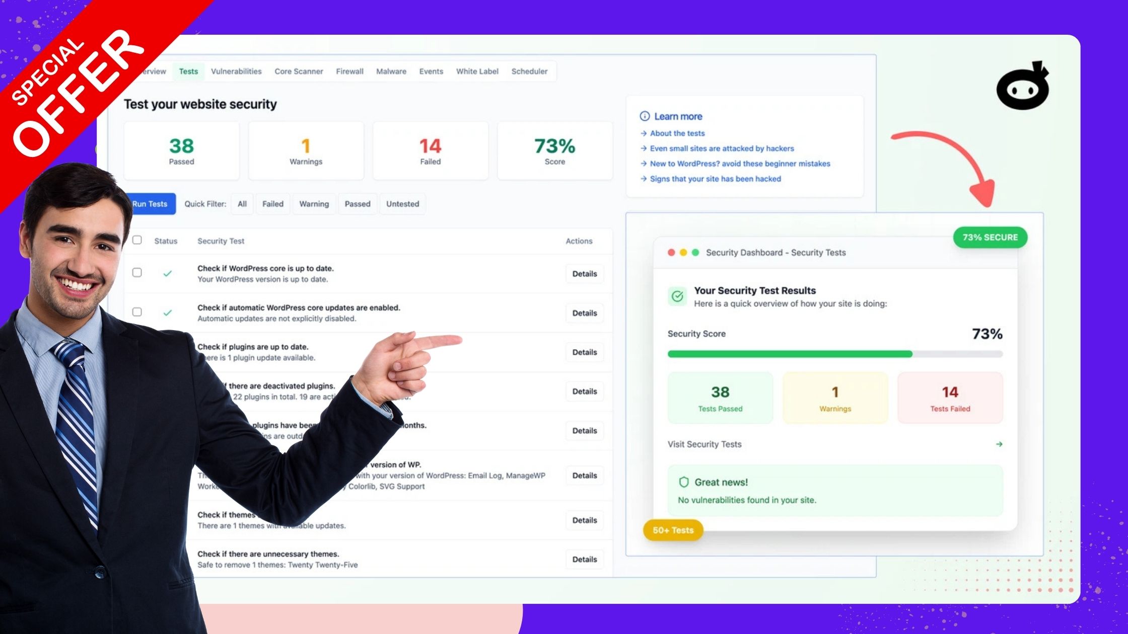 Secure WordPress sites instantly with real-time protection, powerful firewall, and one-click fixes
